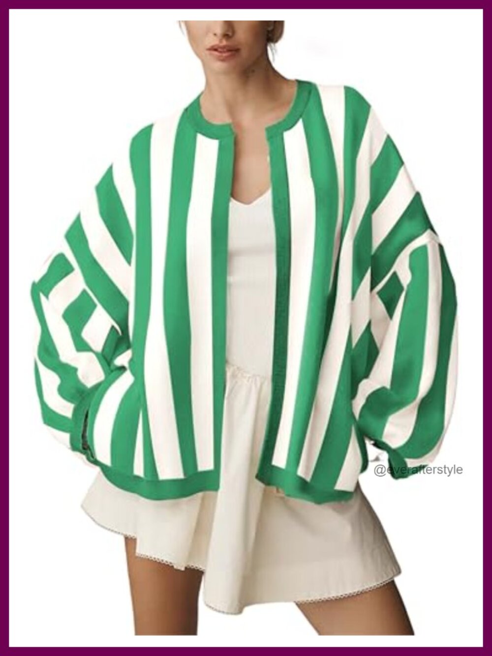 Womens Loose Fit Striped Knit Cardigan Long Balloon Sleeve Open Front Sweater